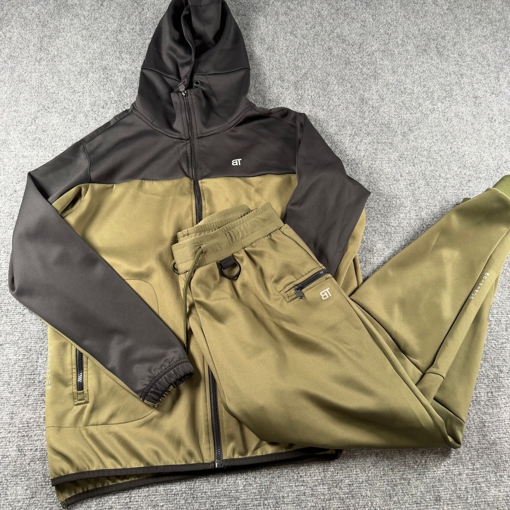 Born Tough Track Suit Mens L Olive Green Black Hooded Jacket Jogger Pants Set